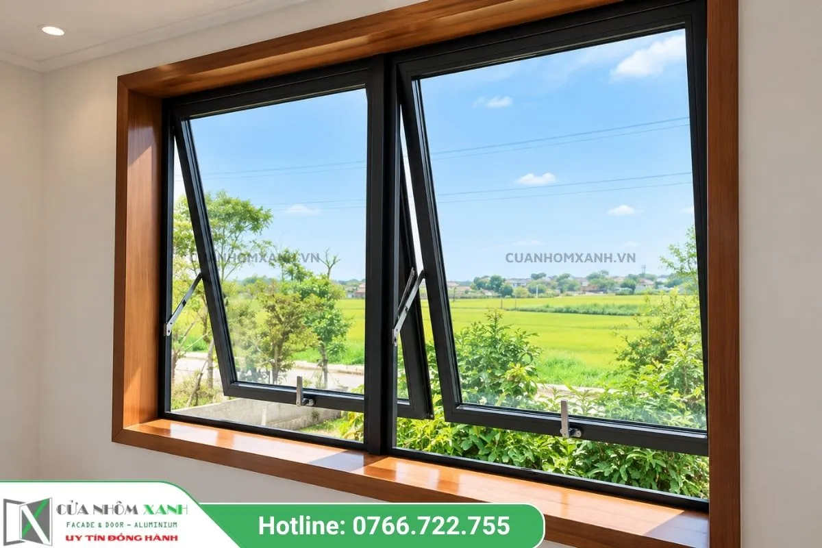 Bộ Cửa Sổ Mở Hất Khung Nhôm Kết Hợp Viền Gỗ Nội Thất, Nhìn Ra Cánh đồng Lúa Xanh Mát