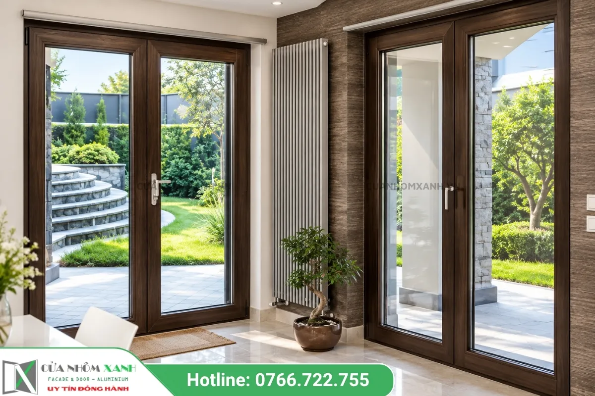 Cửa Đi Mở Quay Pmi Vân Gỗ Cao Cấp Hướng Sân Vườn