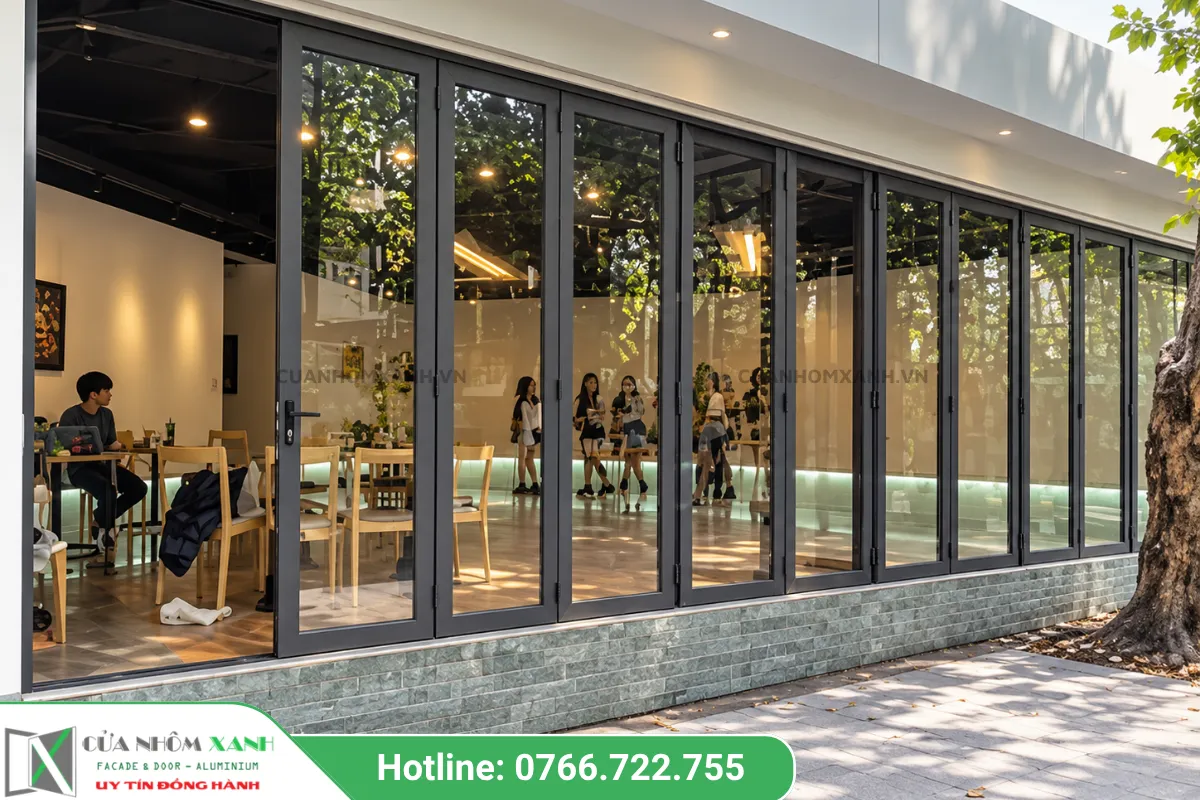 Cửa Kính Xếp Trượt Khung Nhôm Lớn Lắp đặt Tại Quán Cafe, Showroom