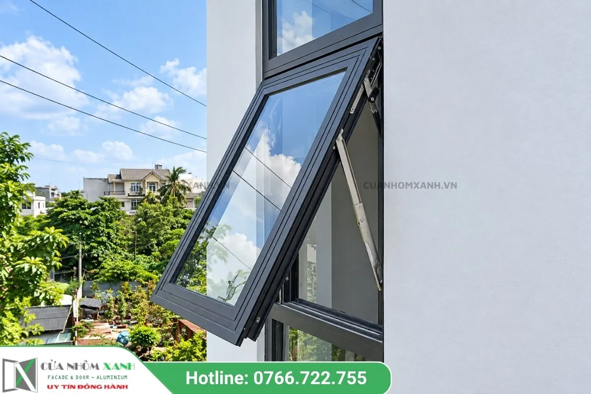 Cửa Sổ Mở Hất đơn Khung Nhôm đen, Nhìn Từ Bên Ngoài Vào Một Tòa Nhà Cao Tầng