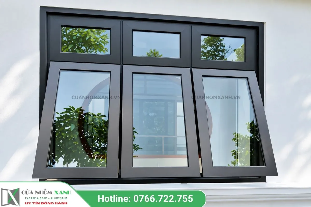 Cửa Sổ Nhôm Kính 3 Cánh Với Các ô Fix Phía Trên, Cánh Dưới Mở Hất Ra Ngoài