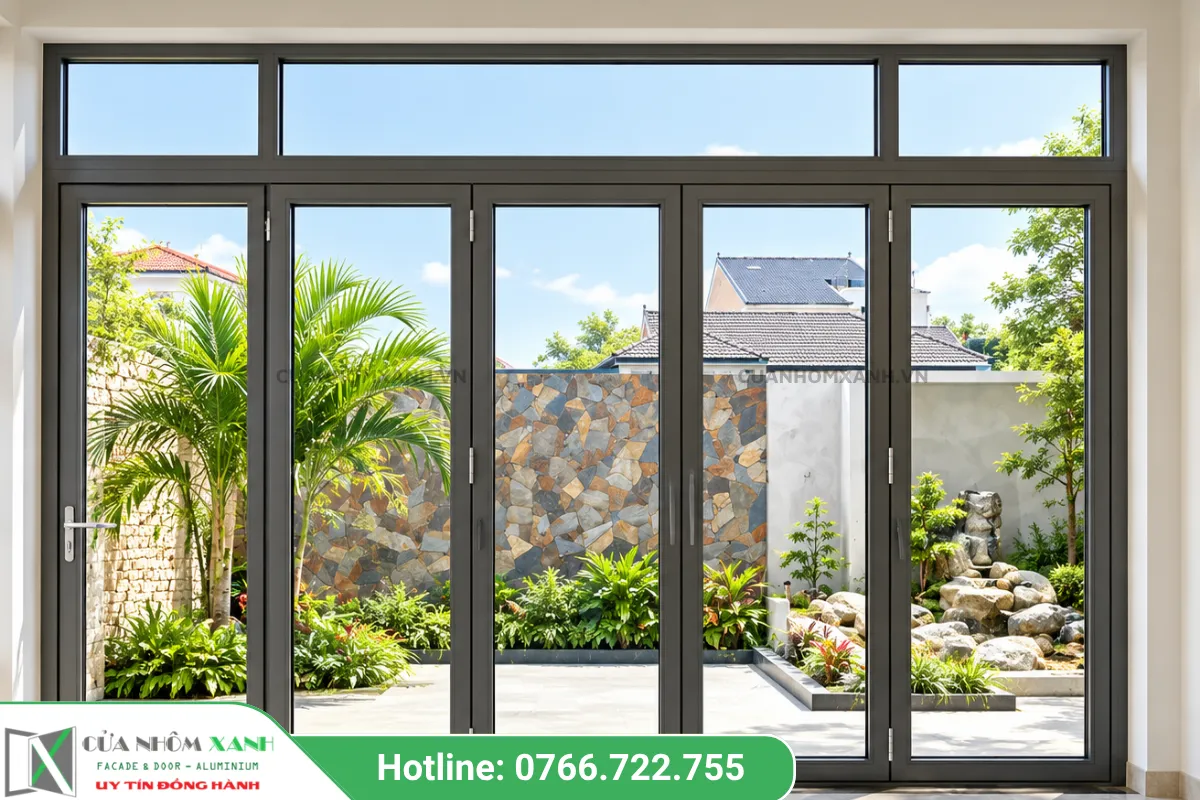 Cửa Xếp Trượt Nhôm Kính Chia ô Kết Hợp ô Fix Kính Phía Trên Cho Không Gian Sân Vườn