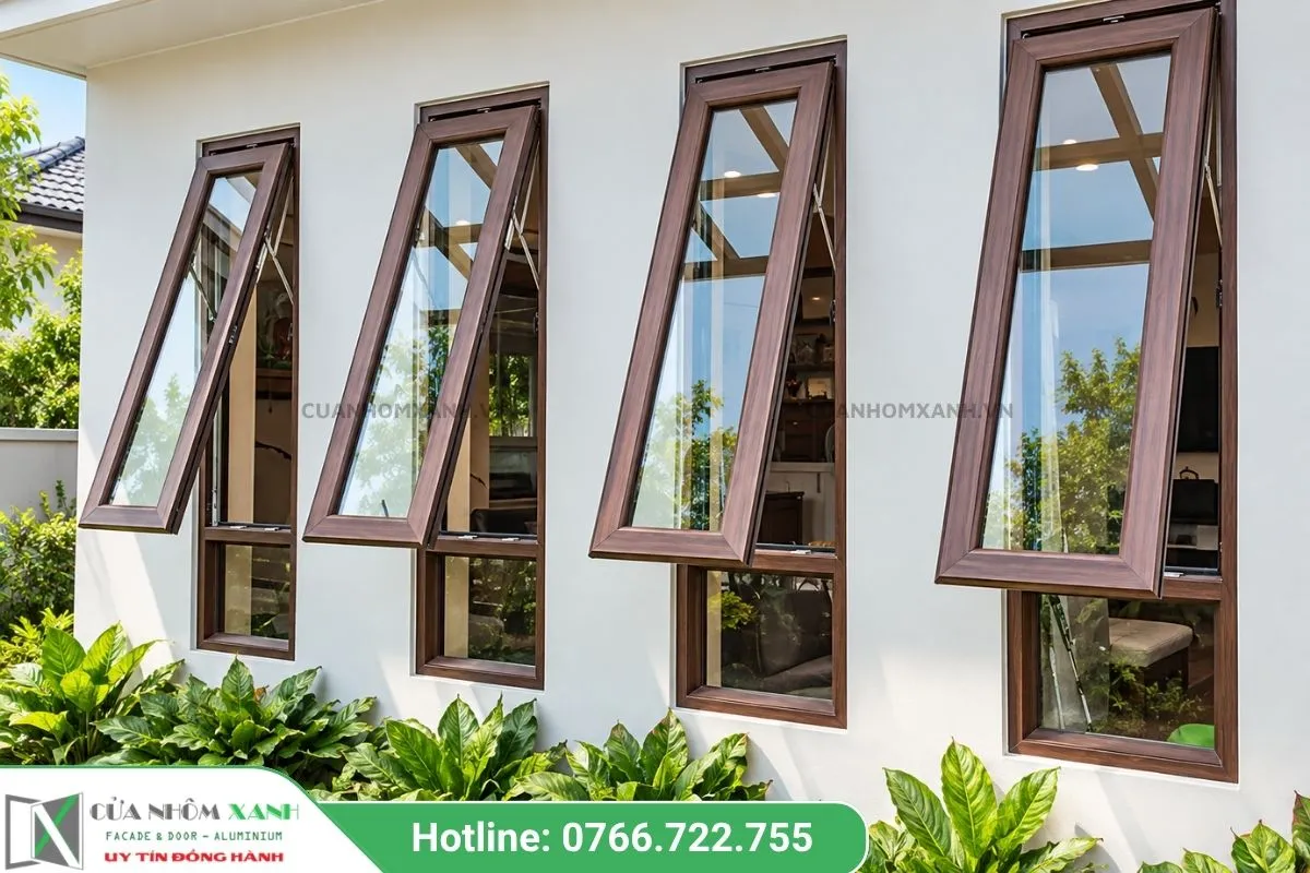 Dãy Bốn Cửa Sổ Mở Hất Dọc Khung Vân Gỗ Lắp đặt Trên Tường Trắng Ngoài Trời