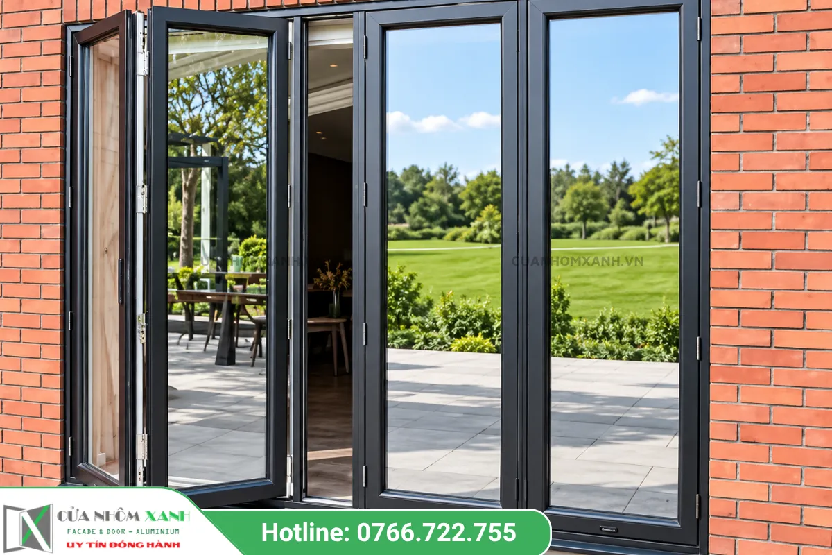Hệ Cửa Nhôm Kính Xếp Trượt Lắp đặt Bên Khung Tường Gạch Thẻ đỏ Cổ điển