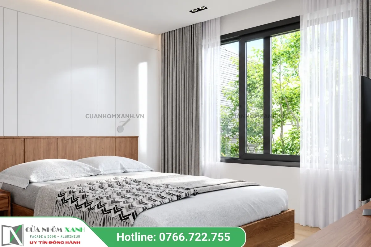 Hệ Cửa Sổ Mở Trượt Nhôm Kính Kết Hợp Rèm Cửa Trong Phòng Ngủ Hiện đại