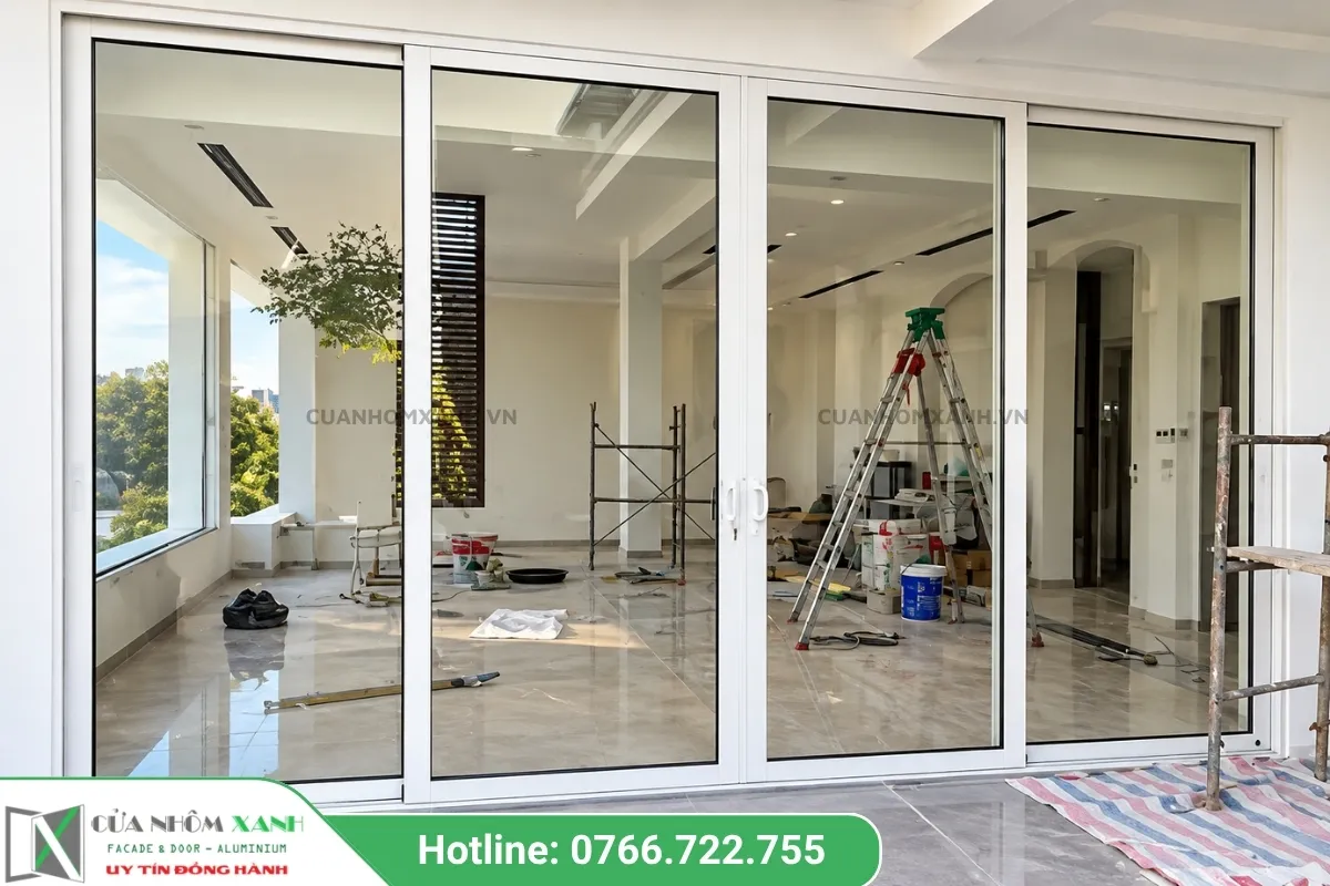 Mẫu Cửa Đi Mở Trượt 4 Cánh Màu Trắng Sứ