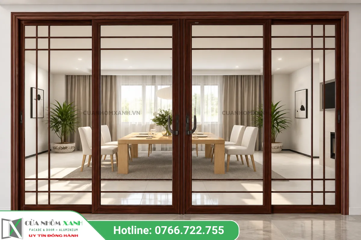 Mẫu Cửa Đi Mở Trượt Khung Nhôm Vân Gỗ