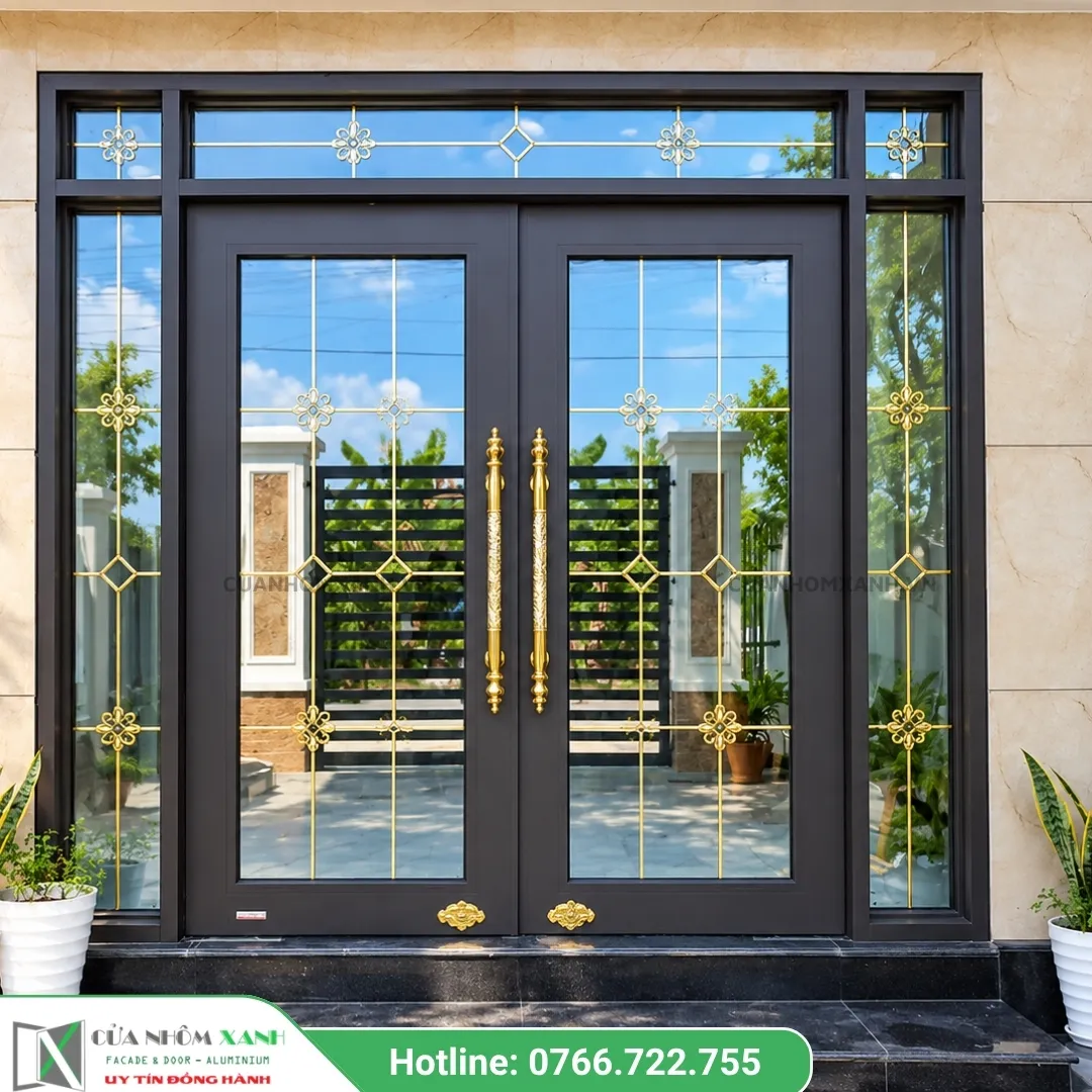 Mẫu Cửa Kính Thủy Lực Khung Nhôm Đen Gắn Góc Đồng Phong Cách