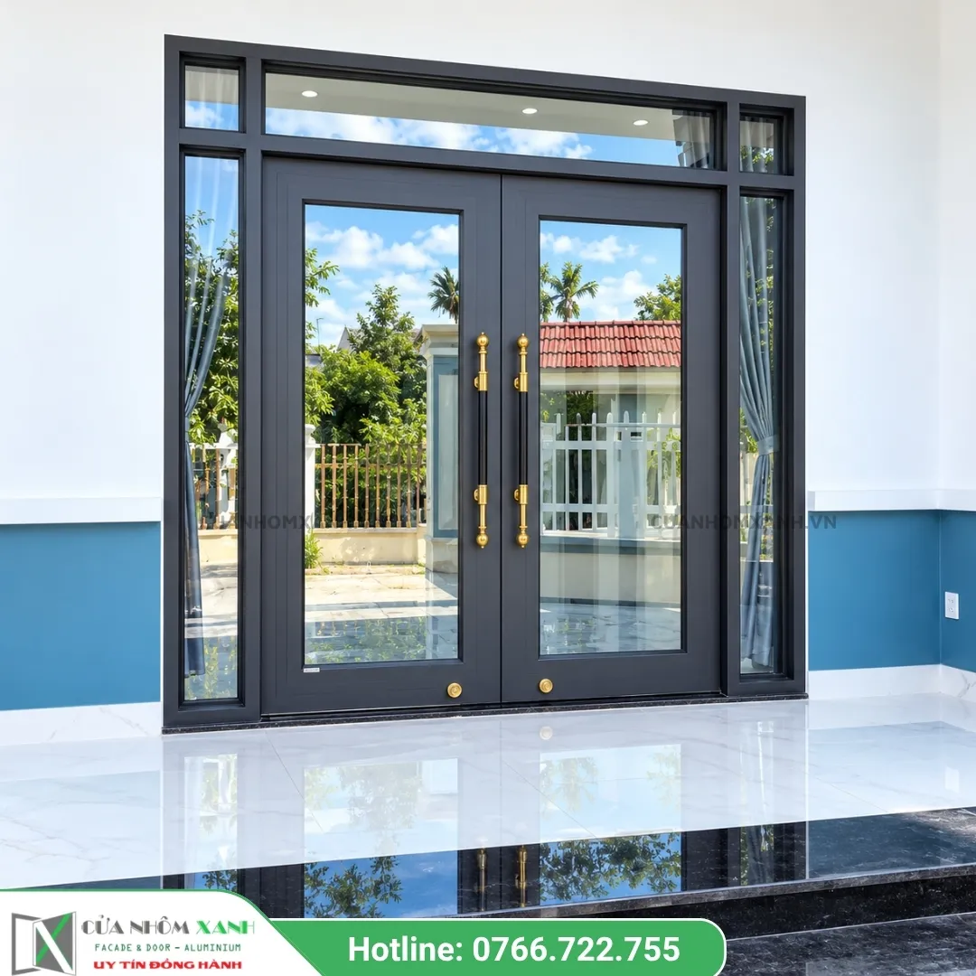 Mẫu Cửa Kính Thủy Lực Khung Nhôm Xám Ghi Hiện Đại