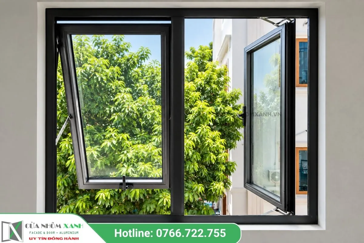Mẫu Cửa Sổ Mở Hất 2 Cánh Khung Nhôm Đen Cao Cấp