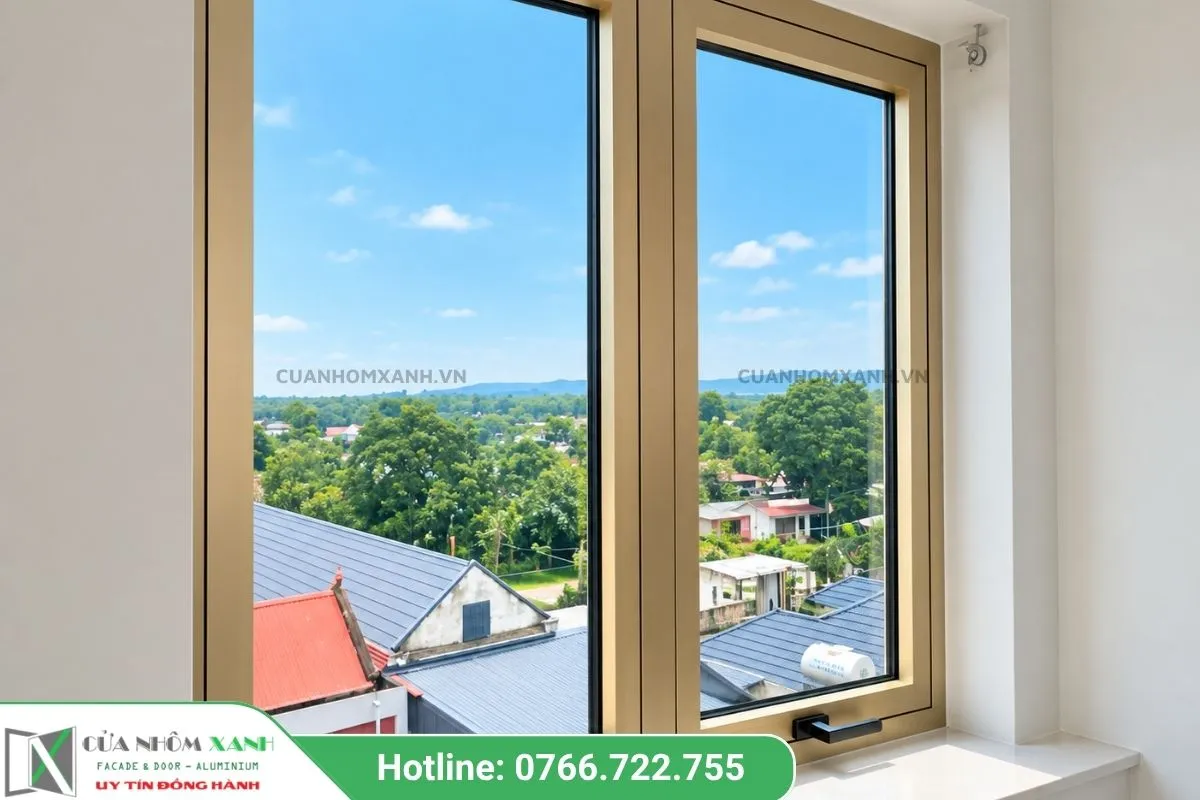 Mẫu Cửa Sổ Mở Hất 2 Cánh Khung Nhôm Màu Vàng Ánh Kim