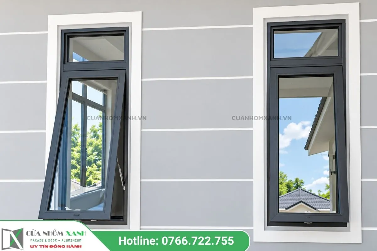 Mẫu Cửa Sổ Mở Hất Đôi Khung Nhôm Đen Gắn Tường Xám