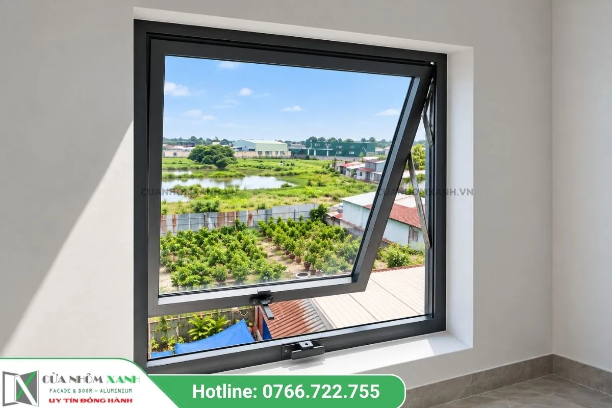Mẫu Cửa Sổ Mở Hất Khung Nhôm Xám Ghi View Thiên Nhiên