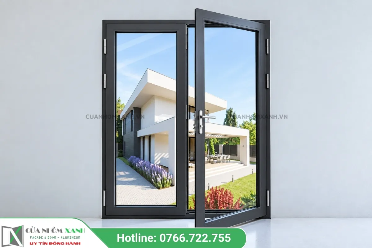 Mẫu Cửa Sổ Mở Quay 2 Cánh Khung Ghi Xám Cao Cấp