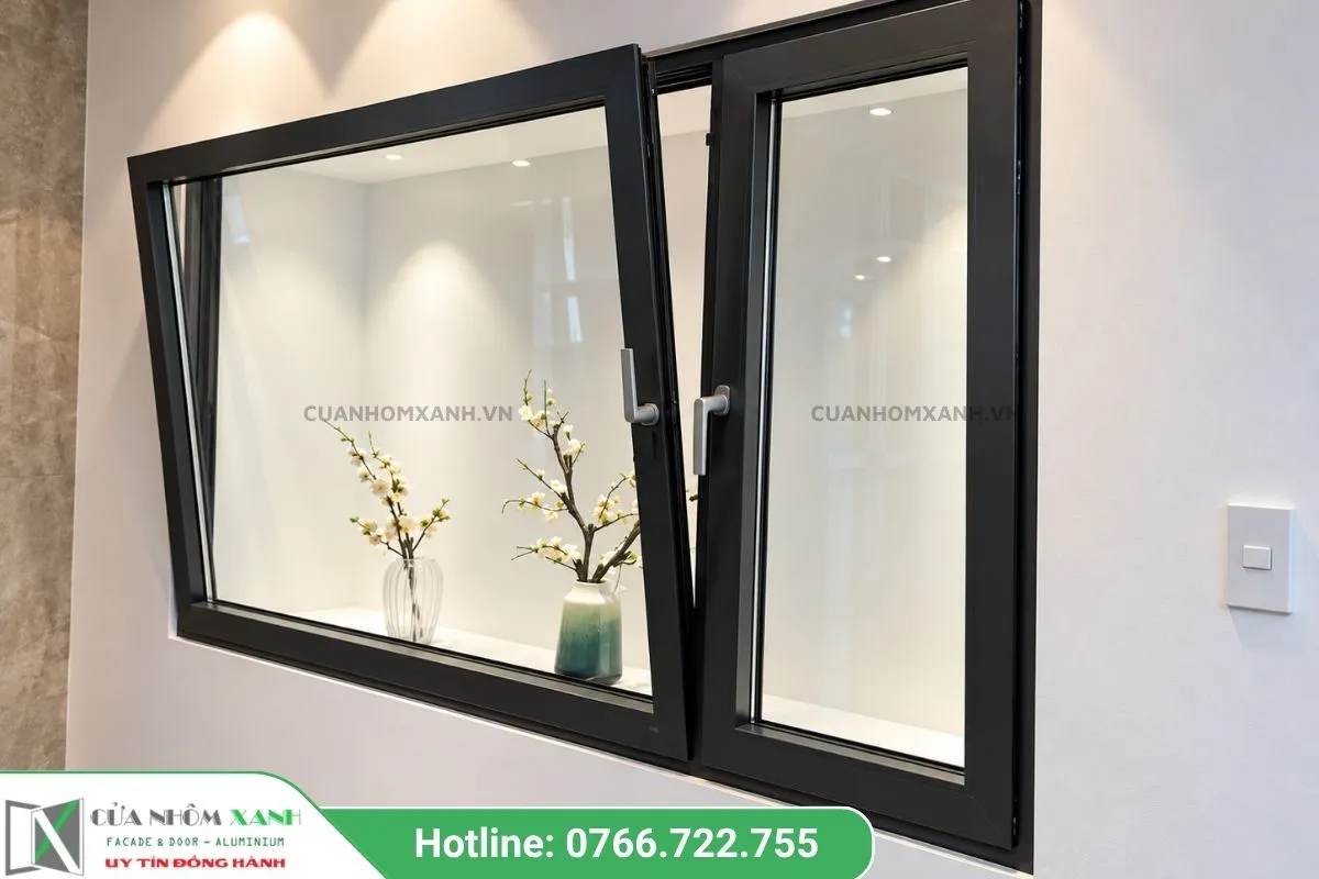 Mẫu Cửa Sổ Mở Quay Hất Khung Nhôm Cao Cấp Trong Phòng