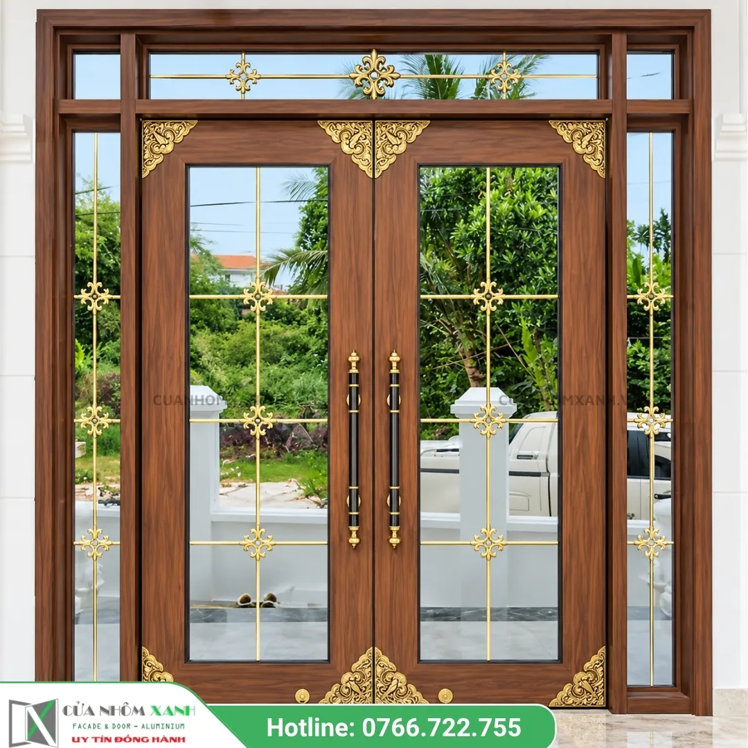 Mẫu Cửa Thủy Lực Khung Nhôm Vân Gỗ Kết Hợp Nan Đồng