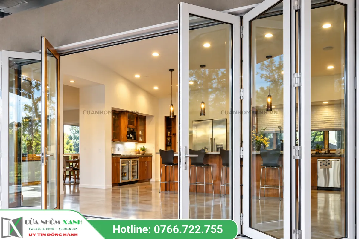 Mẫu Cửa Xếp Trượt Nhôm Kính Màu Trắng Hiện đại Nhìn Từ Trong Không Gian Bếp Ra Ngoài