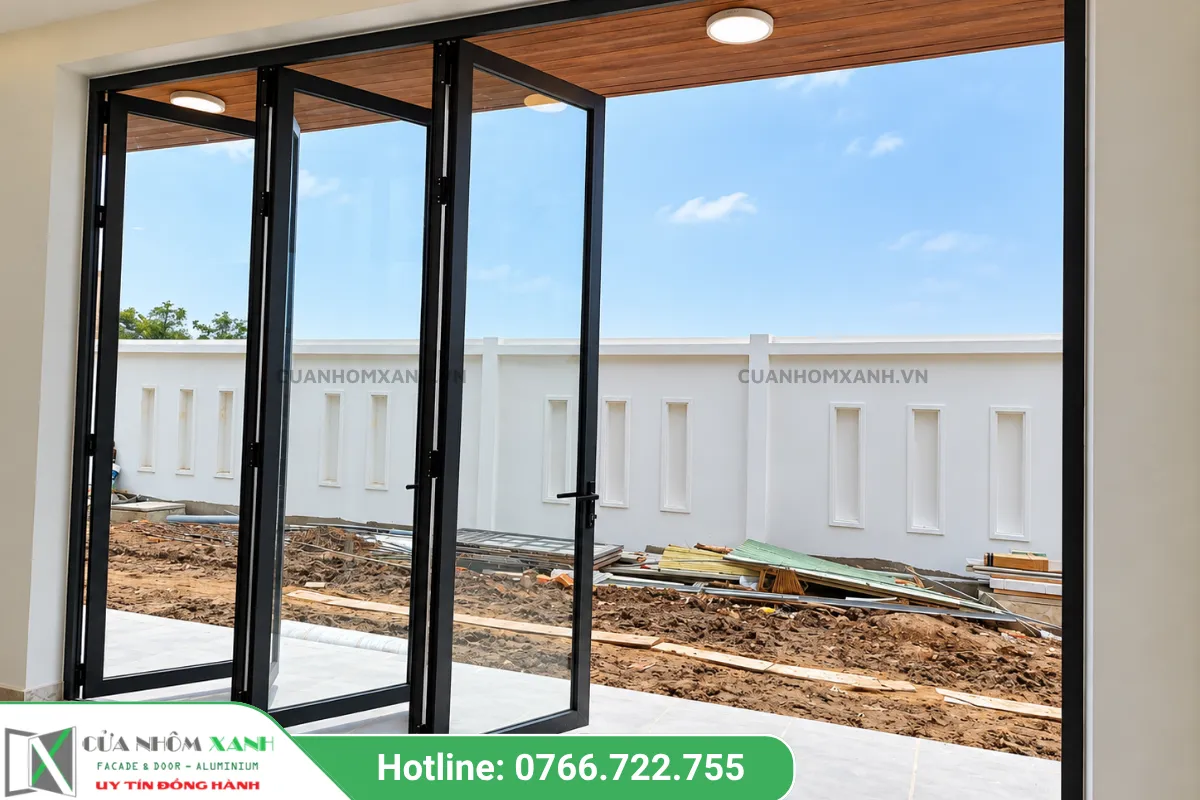 Thi Công Lắp đặt Cửa đi Xếp Trượt Nhôm Kính Màu đen Lực Mở Rộng