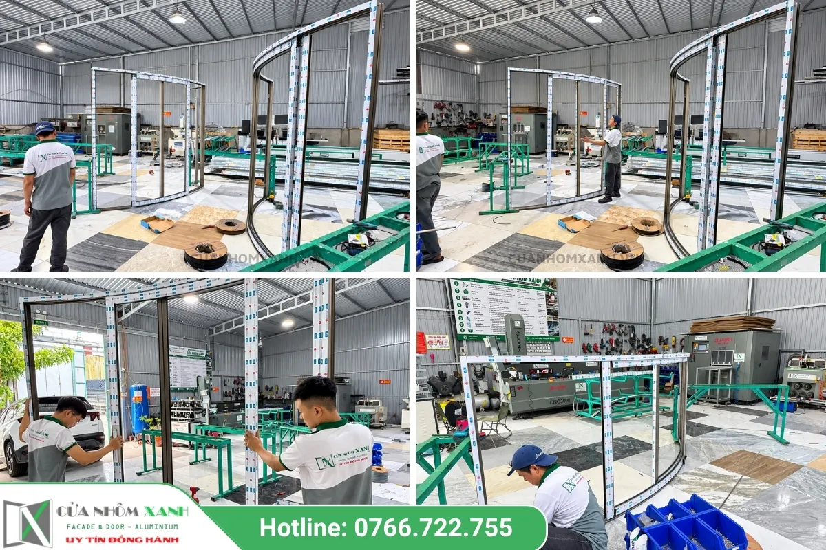 Công Nhân Lắp Ráp Khung Cửa Nhôm Kính Tại Xưởng Cửa Nhôm Xanh