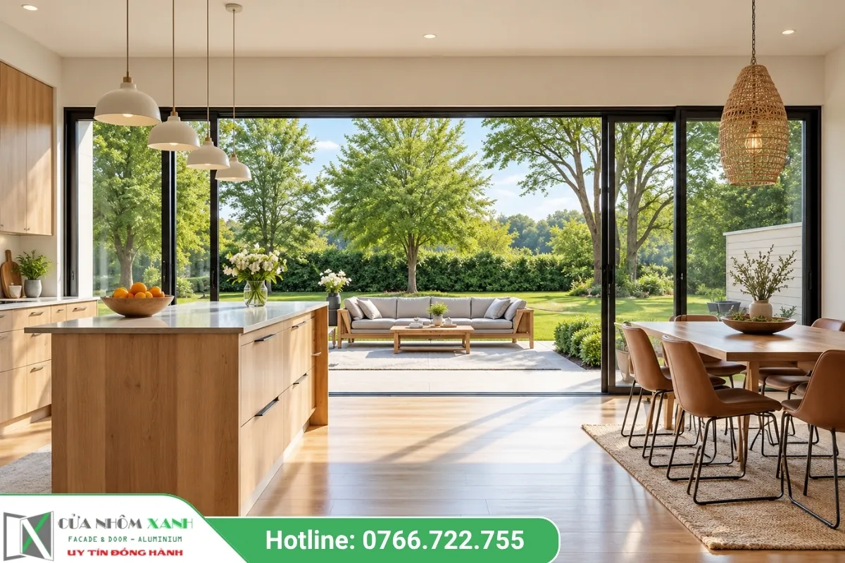 Cửa Trượt Nhôm Slim Romadio Panorama 19 Mở Ra Sân Vườn