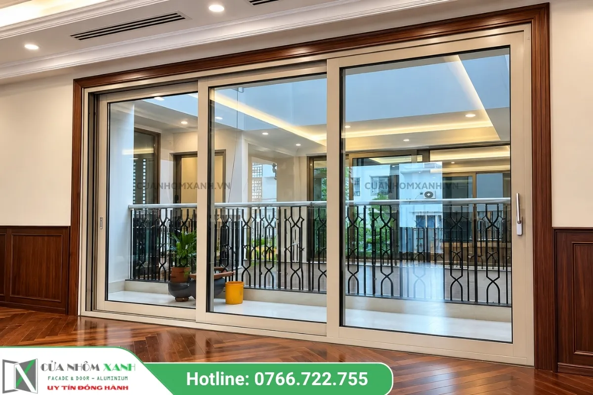 Mẫu Cửa đi Lùa Khổ Lớn Khung Nhôm Màu Sáng Kết Nối Phòng Khách Với Ban Công