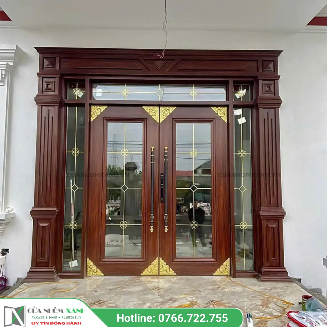 Cửa nhôm thủy lực giả gỗ sang trọng
