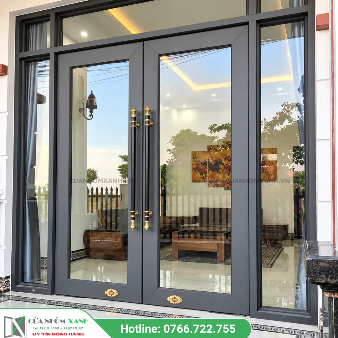Cửa nhôm thủy lực 2 cánh kết hợp vách kính cố định