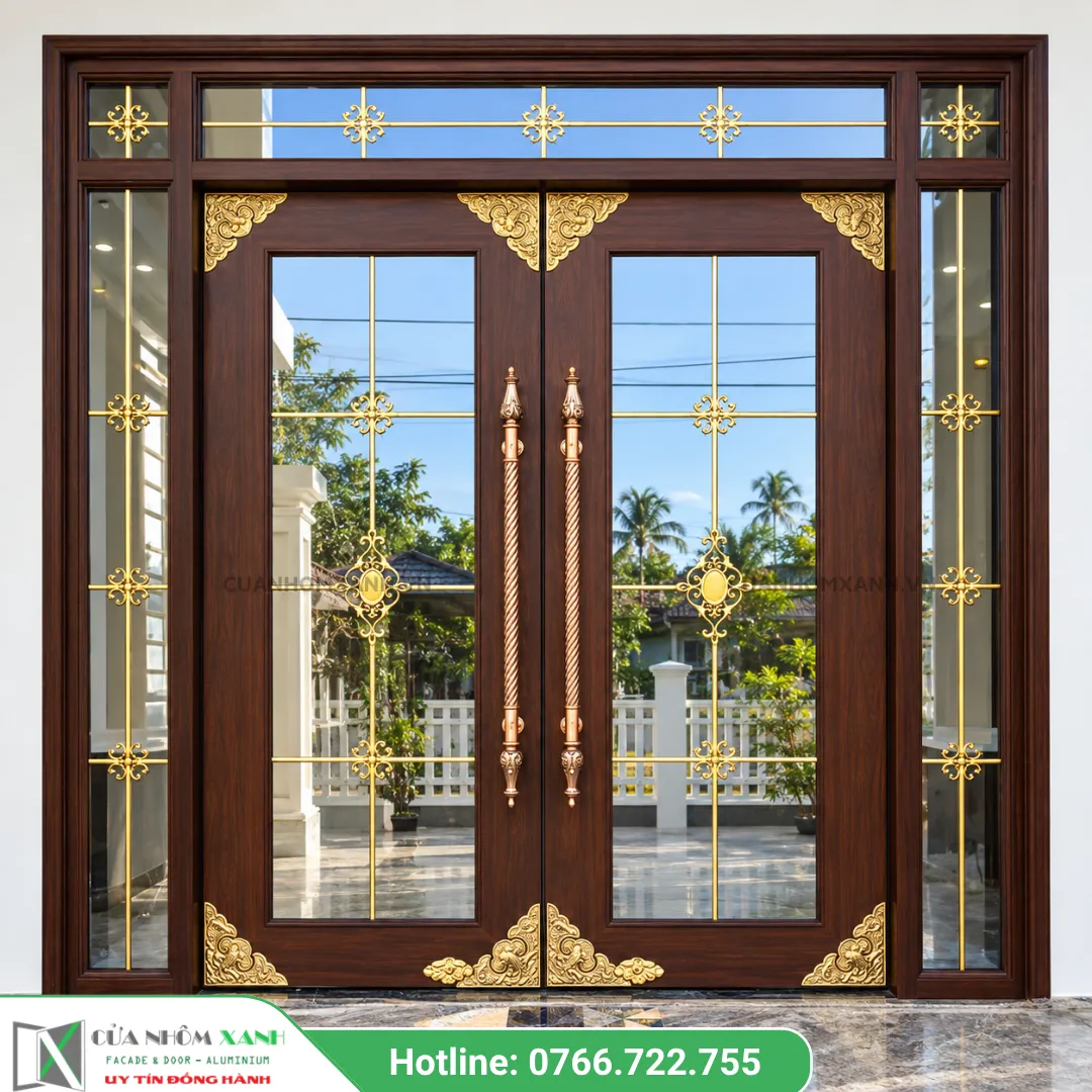 Cửa nhôm thủy lực vân gỗ 2 cánh cao cấp