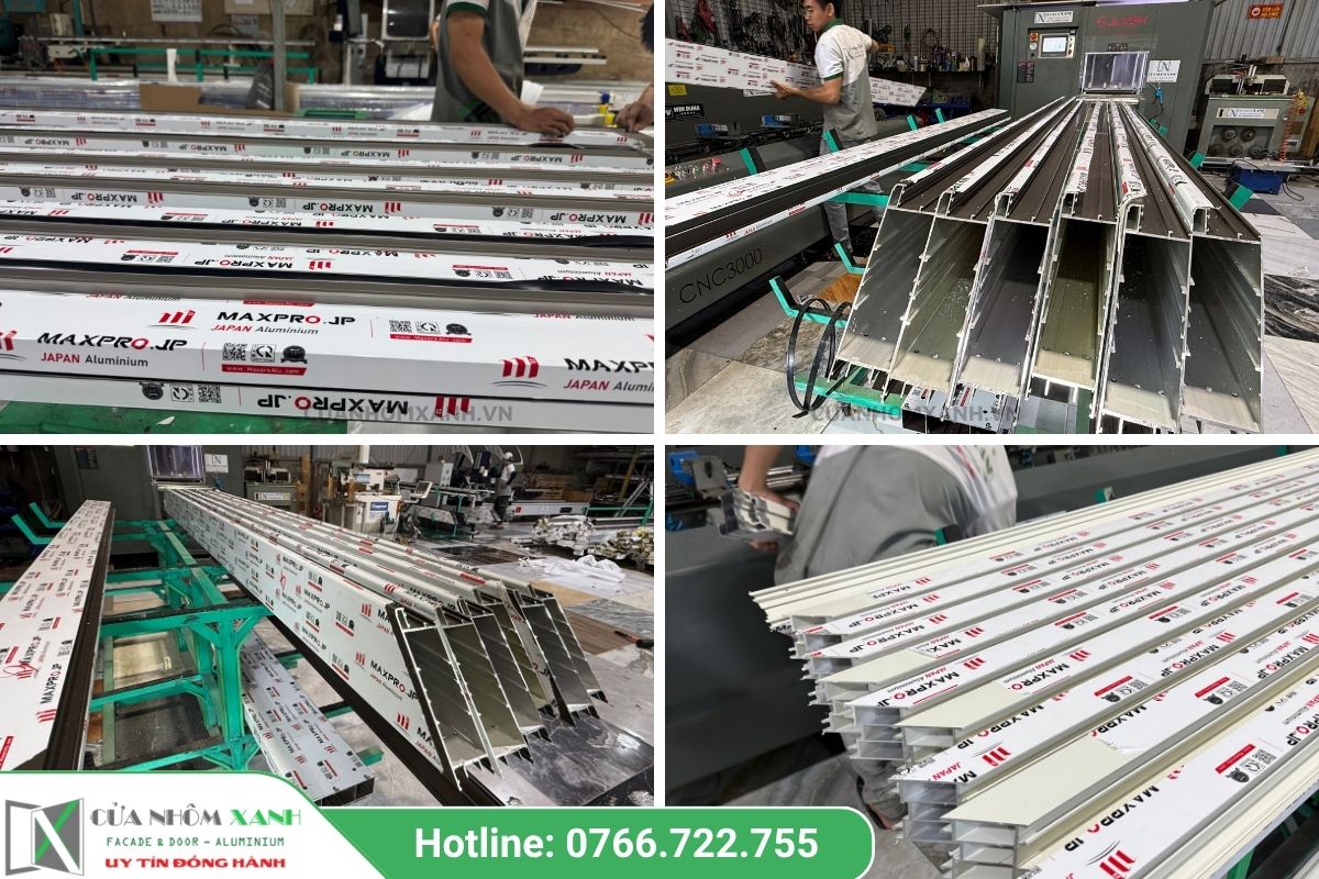 Vật tư nhôm Maxpro Nhật Bản tại xưởng Cửa Nhôm Xanh