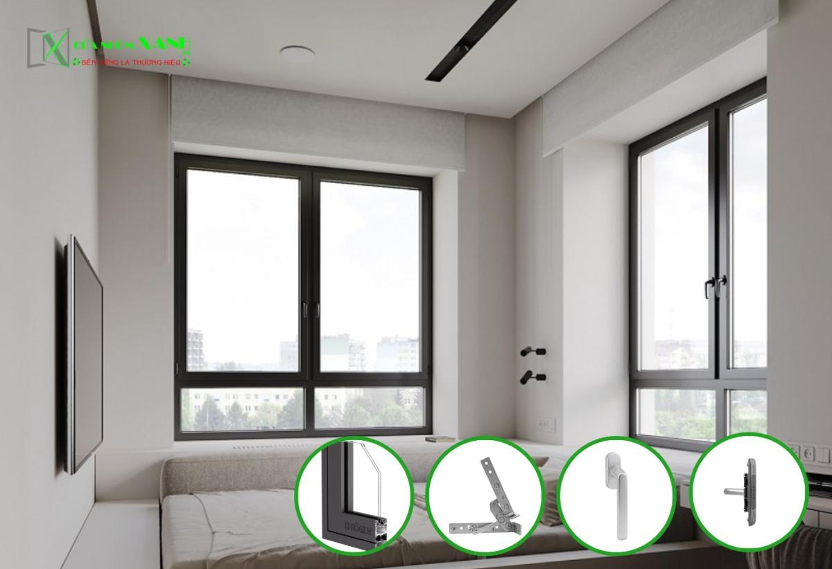 Hệ cửa sổ mở quay nhôm Kogen khung đen và phụ kiện đi kèm