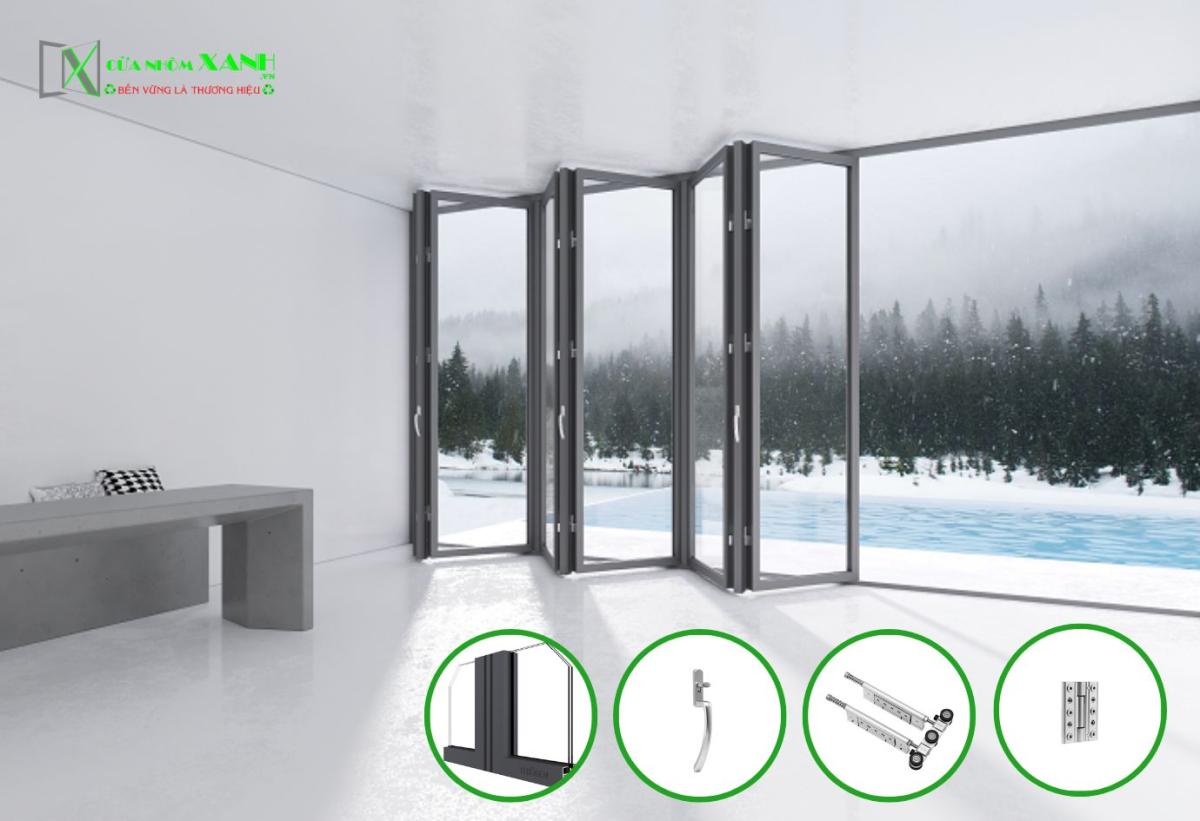Hệ cửa xếp gấp bản lề 68 nhôm Kogen khung đen và phụ kiện đi kèm