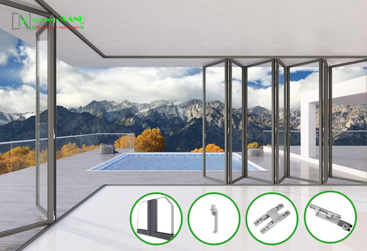 Hệ cửa xếp gấp Slim 50 ẩn bản lề nhôm Kogen và phụ kiện đi kèm